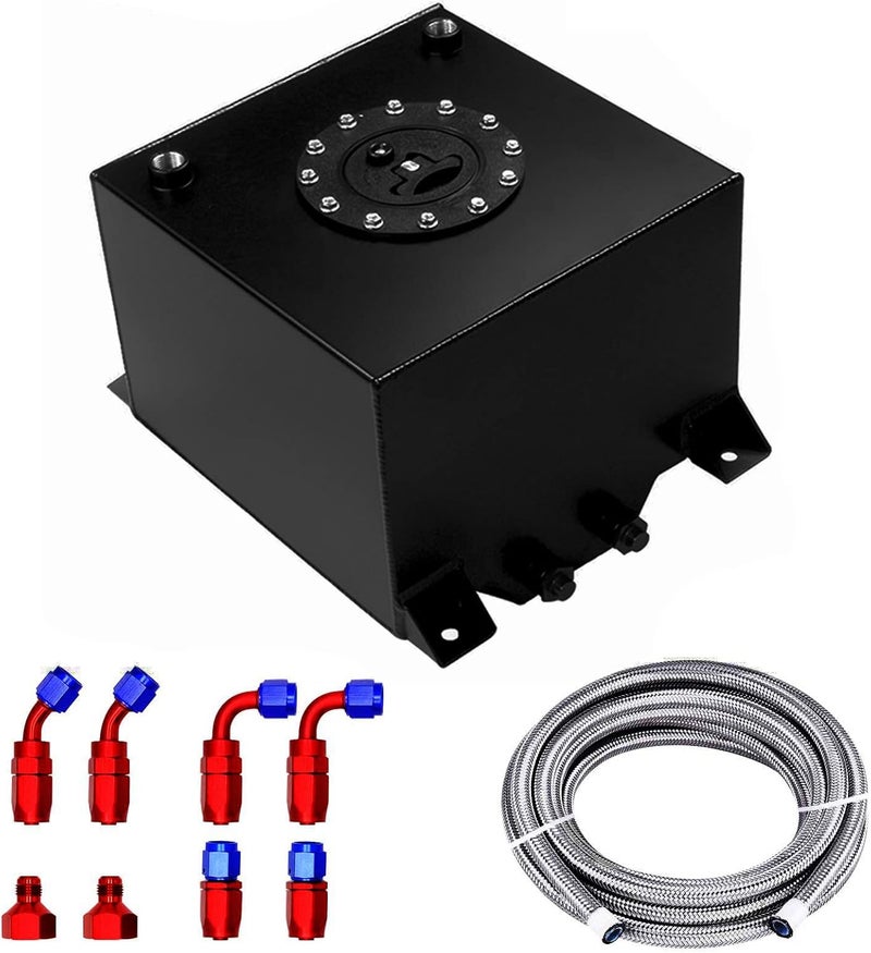 BOMLING 5 Gallon Fuel Cell 20L Universal Gas Tank Aluminum Polished Racing Drift Fuel Tank with Level Sender & 6AN 12FT Fuel Line Kit, Quick Release Fuel Cap, Black - Image 1